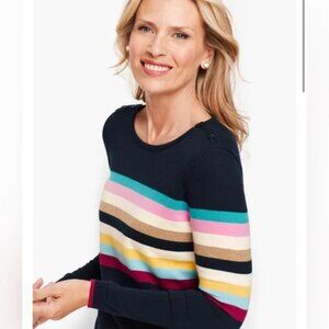 Talbots Navy Blue Multicolor Striped Preppy Button Shoulder Sweater